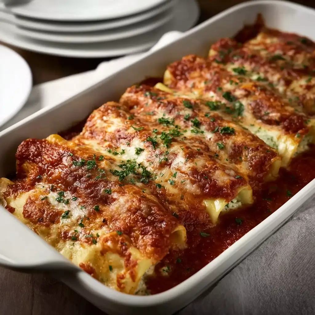 Baked Mannacote pasta dish with cheese and marinara
