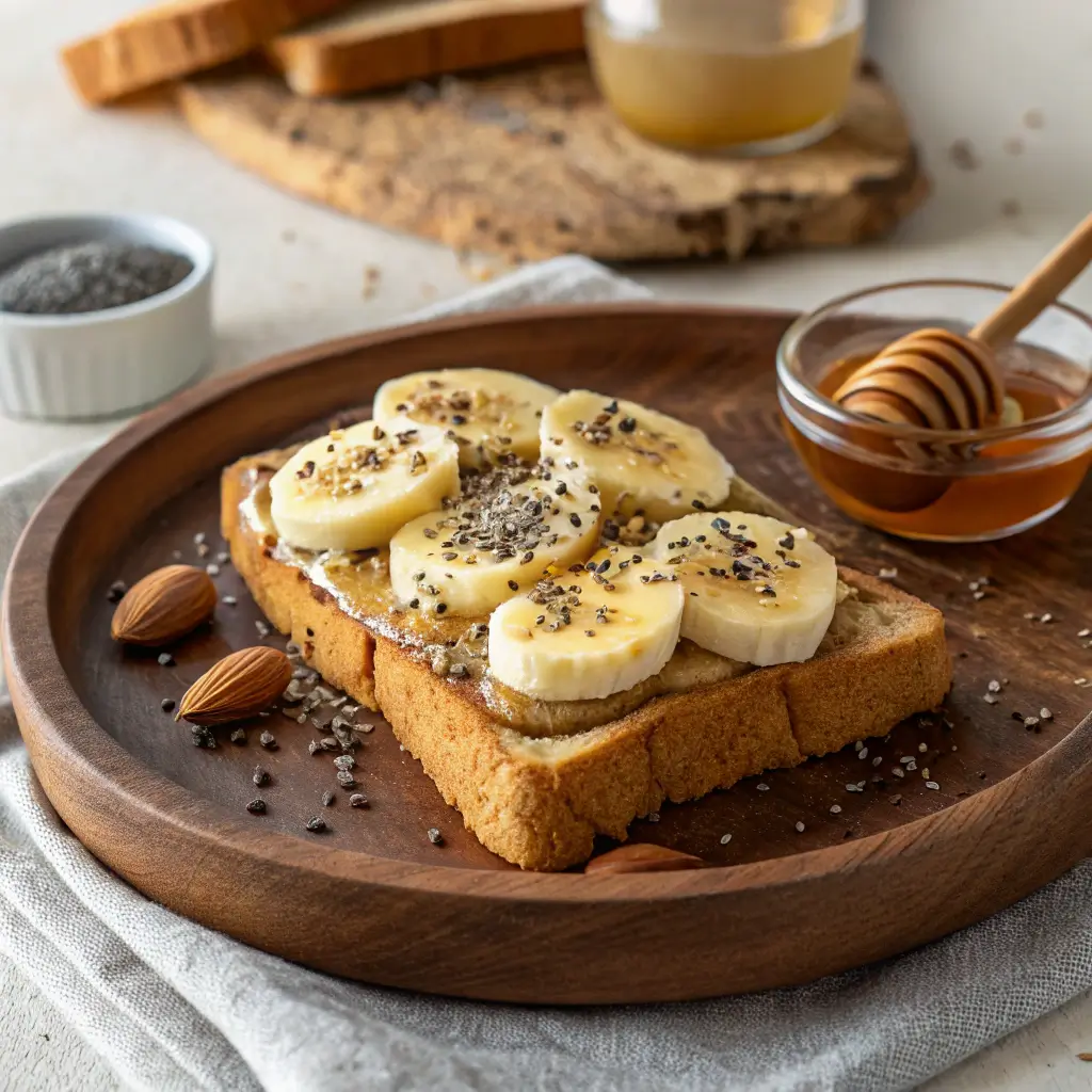 Toastul breakfast with banana slices, chia seeds, almond butter, and honey