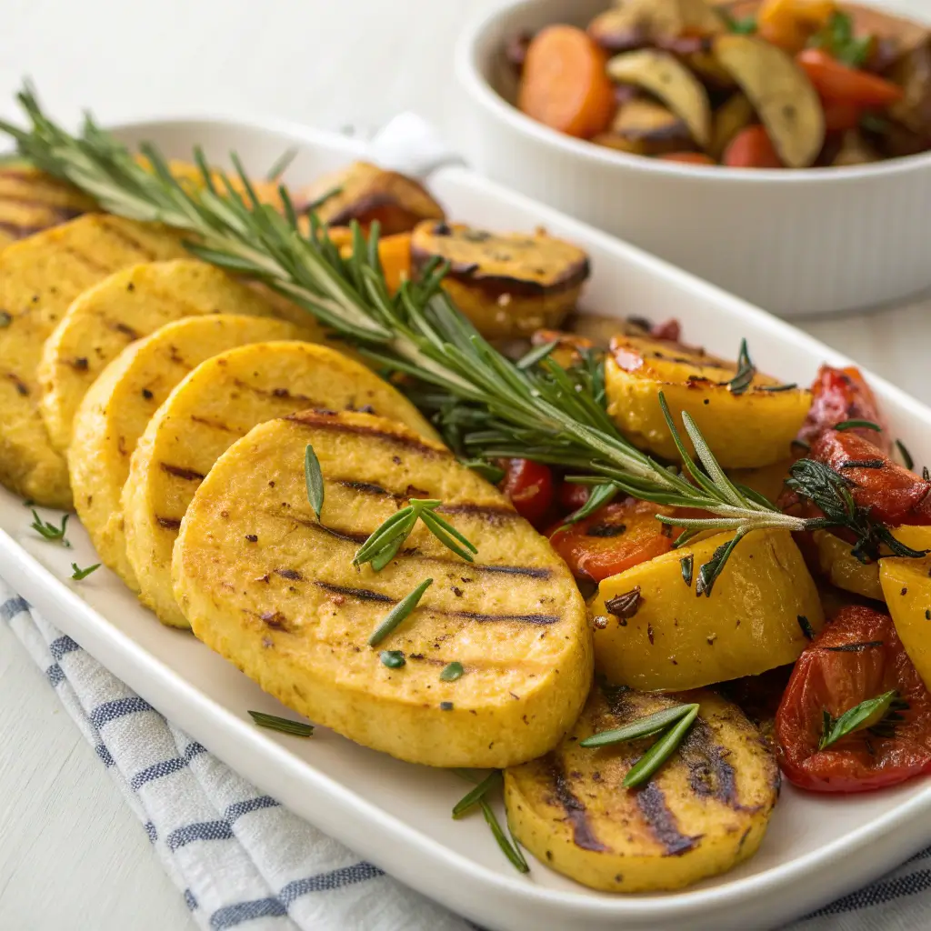 Grilled Palentu slices with roasted vegetables