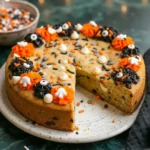 Whole Halloween cookie cake decorated with orange and black frosting, white chocolate chips, and festive sprinkles