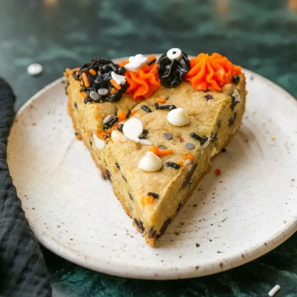 Slice of Halloween-themed cookie cake topped with festive orange and black frosting and sprinkles