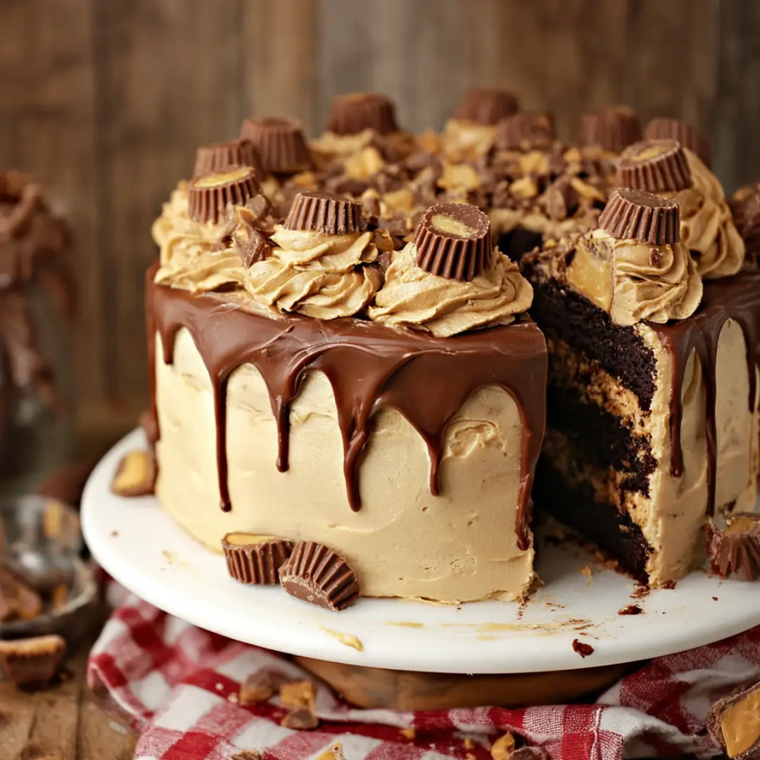 Reese’s Peanut Butter Cake layered with frosting
