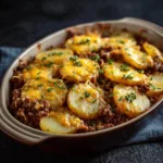 cheesy ground beef potato casserole baked in skillet