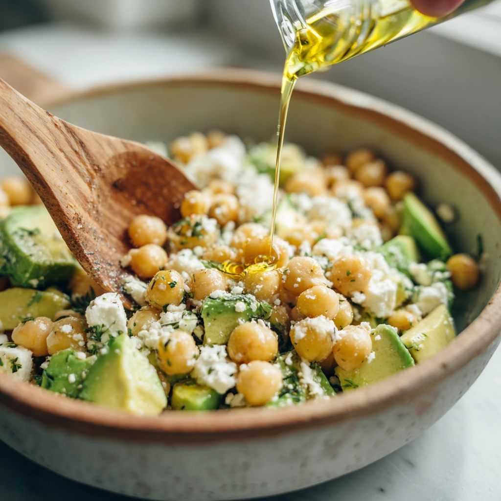 Mixing Chickpea Feta Avocado Salad