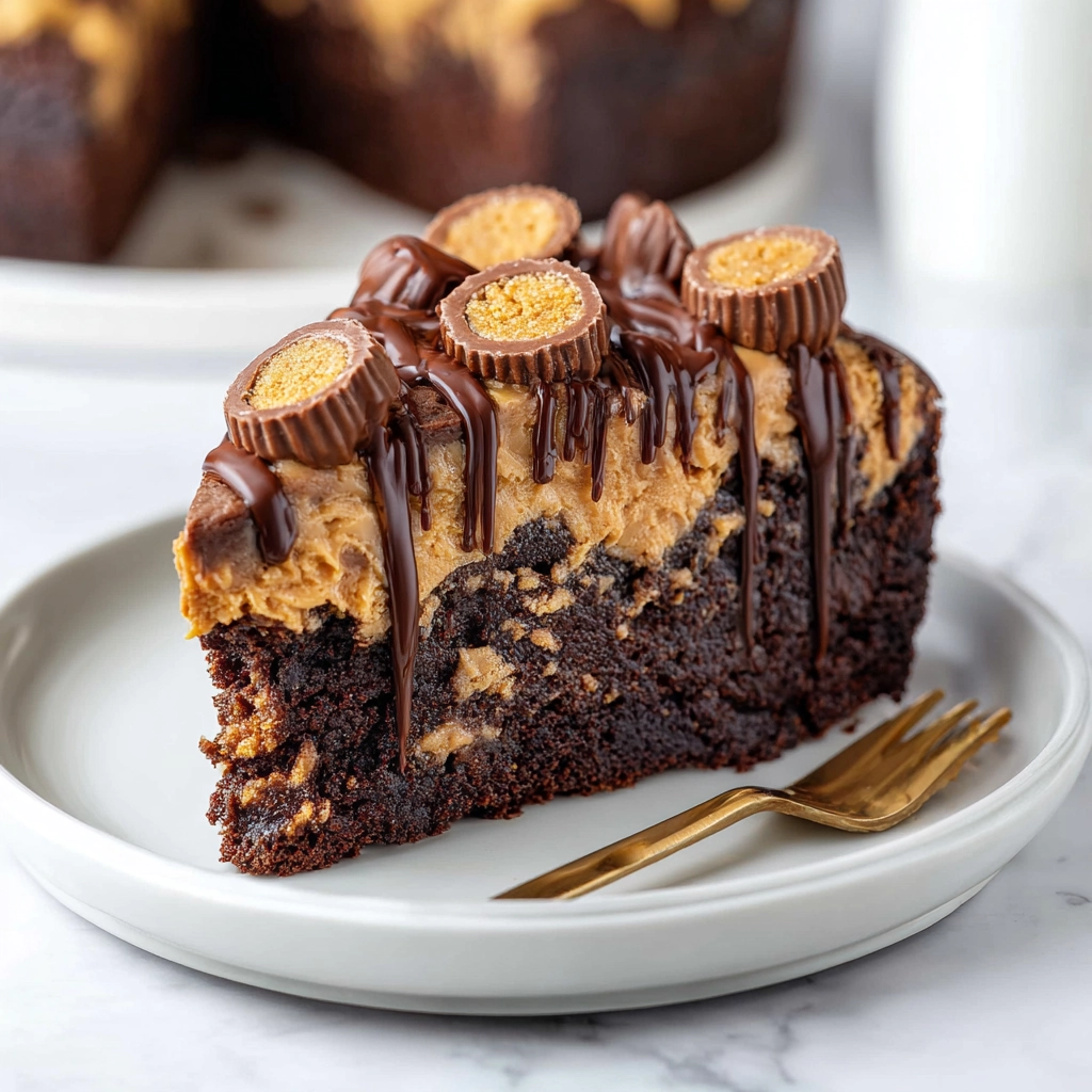 “serving peanut butter cup dump cake with ice cream on rustic plates”