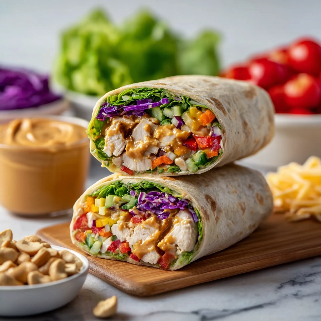 Served Thai Peanut Chicken Wraps with lime and peanuts