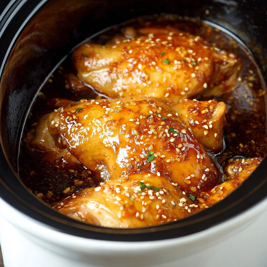 Shredded crockpot teriyaki chicken cooking
