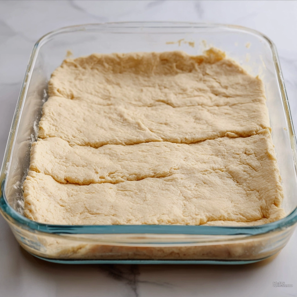 Churro cheesecake layer assembly with cream cheese filling spread over crescent dough